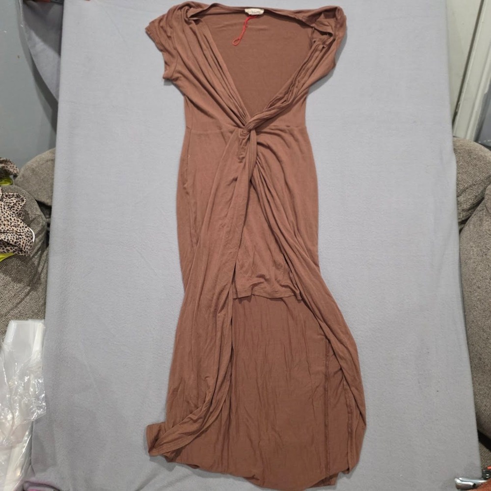 Rolla Coster Twist Front Maxi Dress Brown V-Neck High Low Tulip Hem Bodycon M